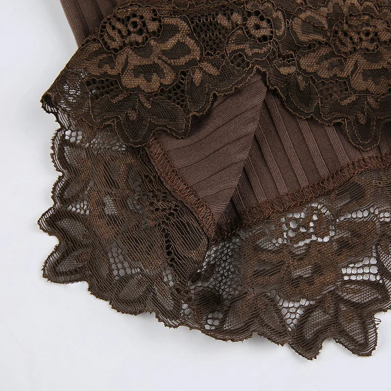 Gothic Ribbed Lace-Trim Bodycon Crop Cami Top