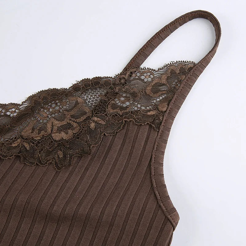 Gothic Ribbed Lace-Trim Bodycon Crop Cami Top