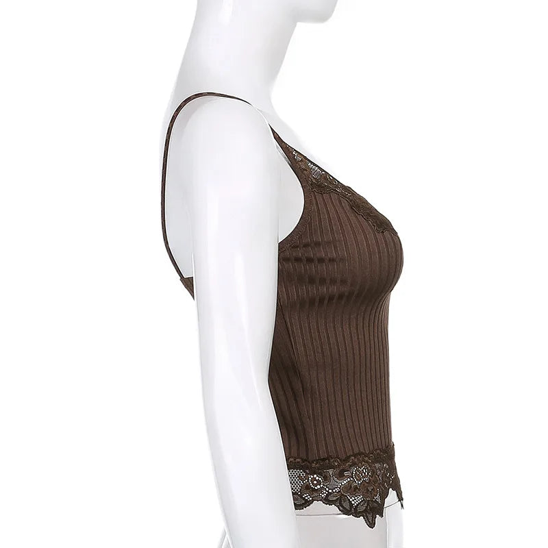 Gothic Ribbed Lace-Trim Bodycon Crop Cami Top