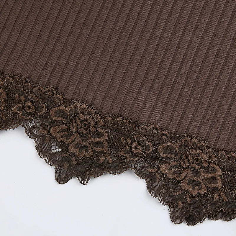 Gothic Ribbed Lace-Trim Bodycon Crop Cami Top