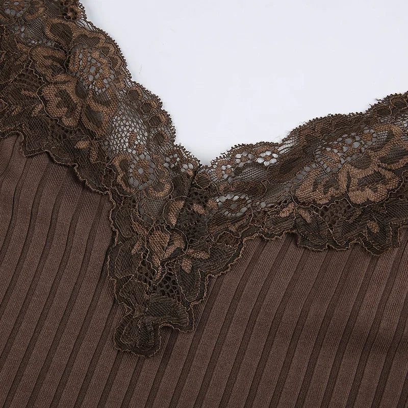 Gothic Ribbed Lace-Trim Bodycon Crop Cami Top