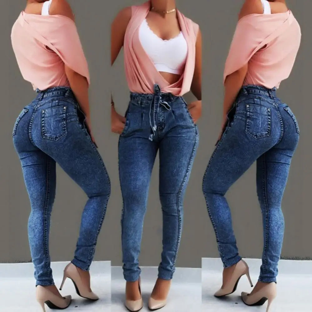 Plus Size High-Waist Skinny Jeans for Women with Belt