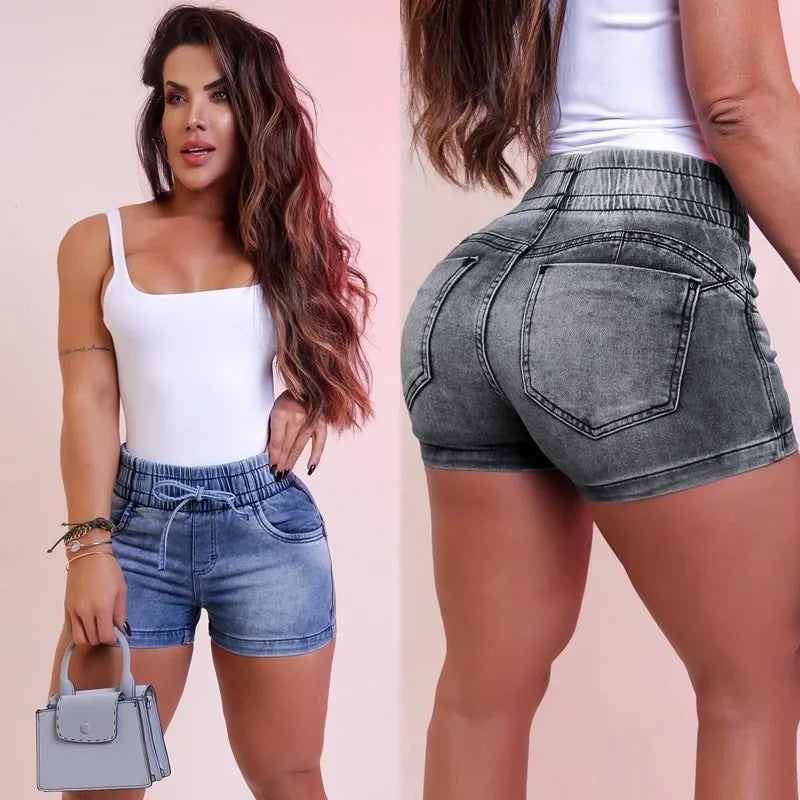High-Waisted Elastic Denim Shorts For Women