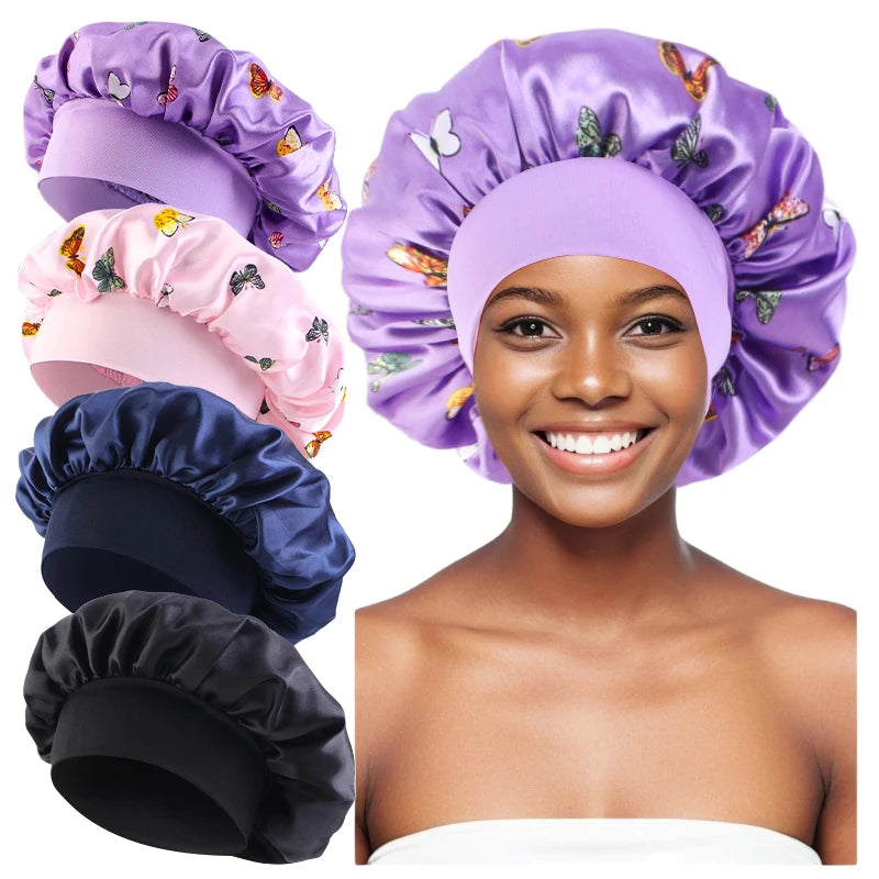 4PCS/LOT Satin Wide Brim Floral Nightcap Bonnet