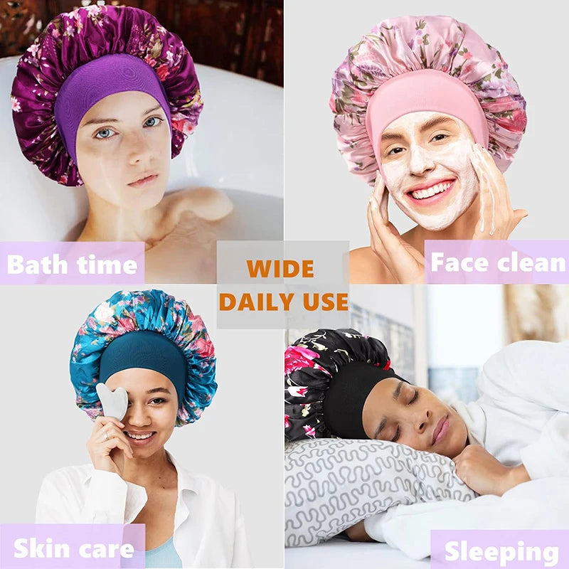 4PCS/LOT Satin Wide Brim Floral Nightcap Bonnet