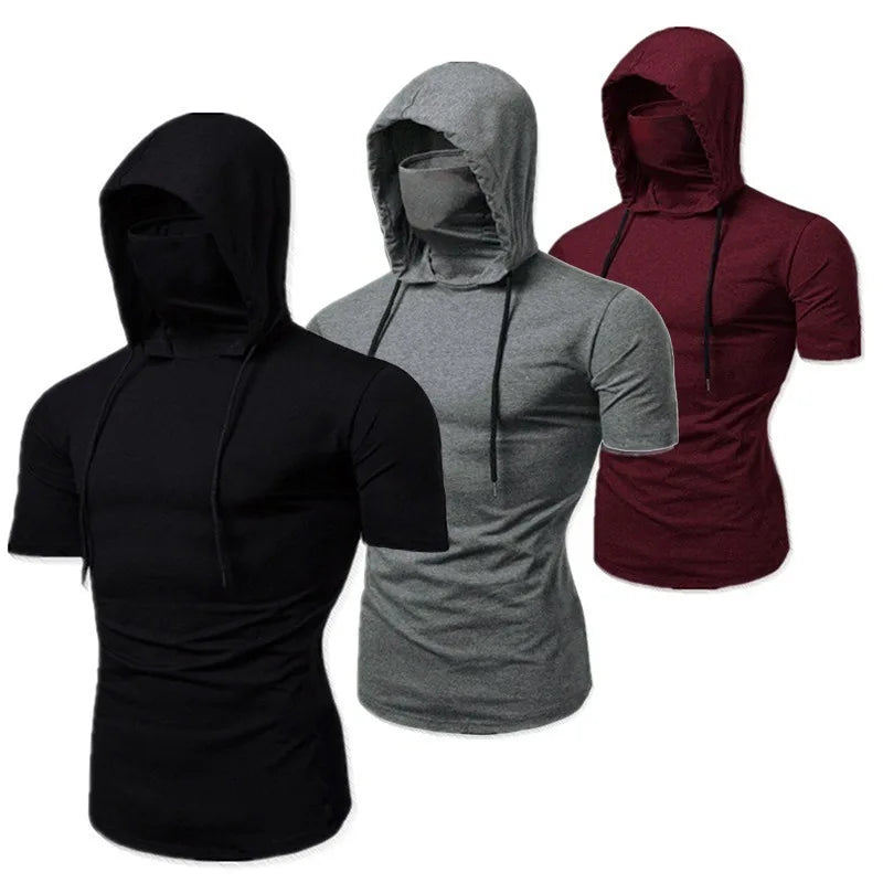 Men's Short Sleeve Gym Hoodie With Mask