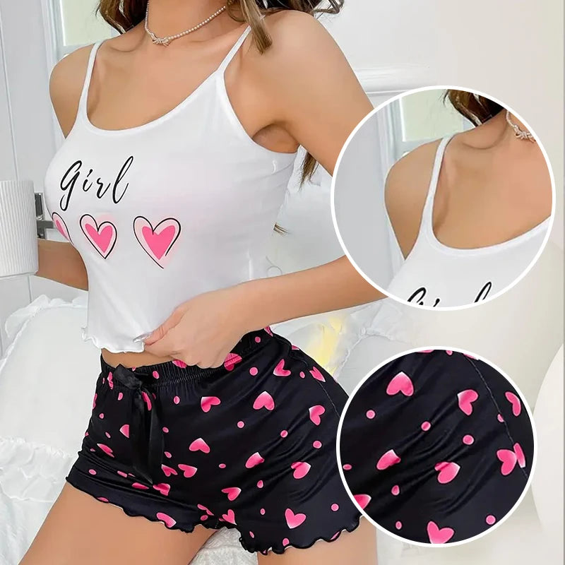 Women's Pink Heart Print Milk Pajama Two-Piece