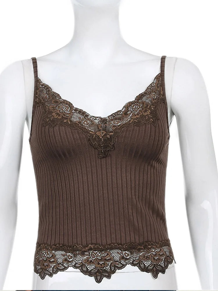 Gothic Ribbed Lace-Trim Bodycon Crop Cami Top