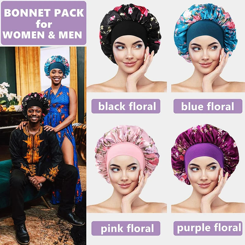 4PCS/LOT Satin Wide Brim Floral Nightcap Bonnet