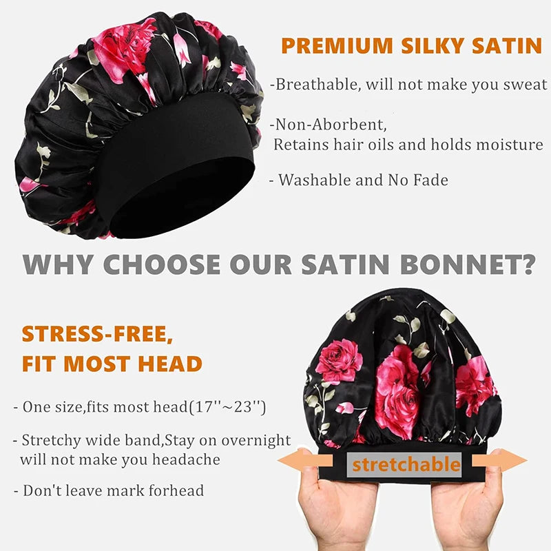 4PCS/LOT Satin Wide Brim Floral Nightcap Bonnet