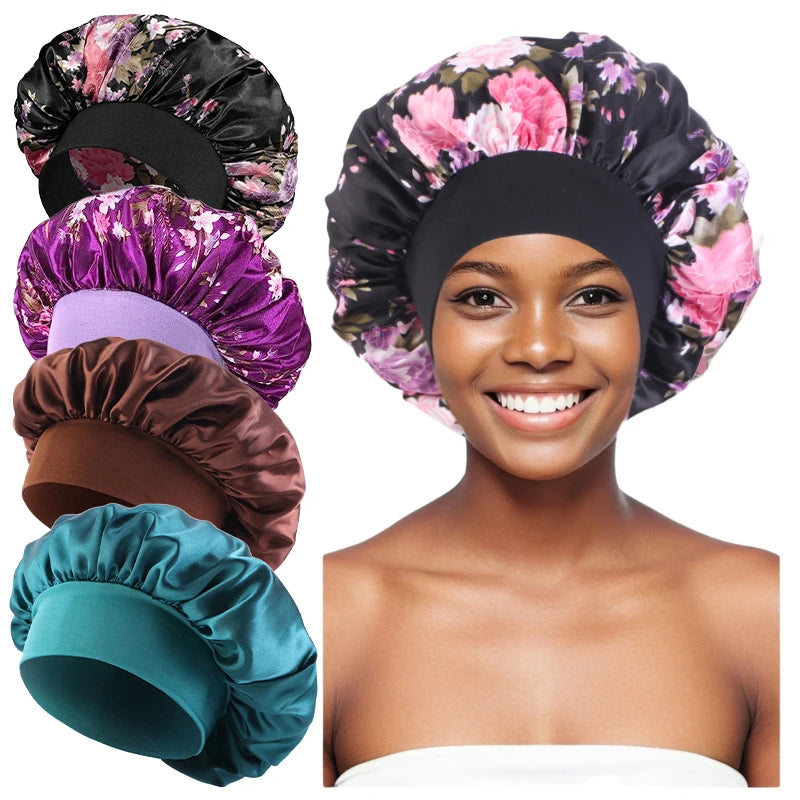 4PCS/LOT Satin Wide Brim Floral Nightcap Bonnet