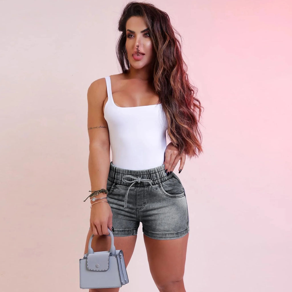 High-Waisted Elastic Denim Shorts For Women