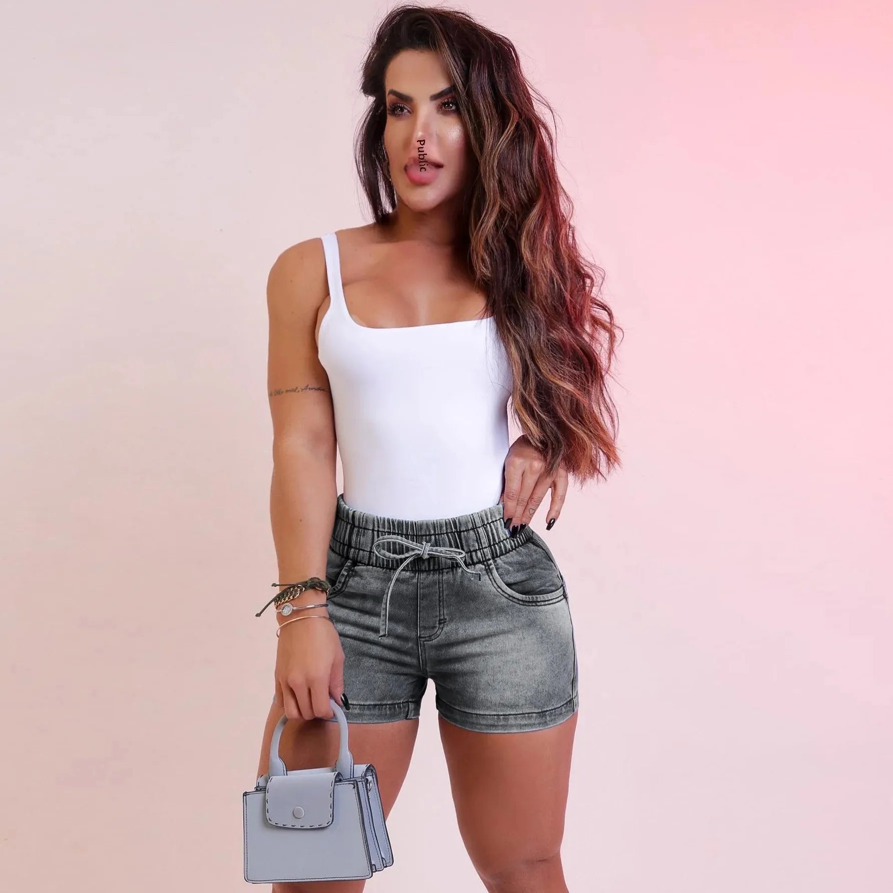 High-Waisted Elastic Denim Shorts For Women