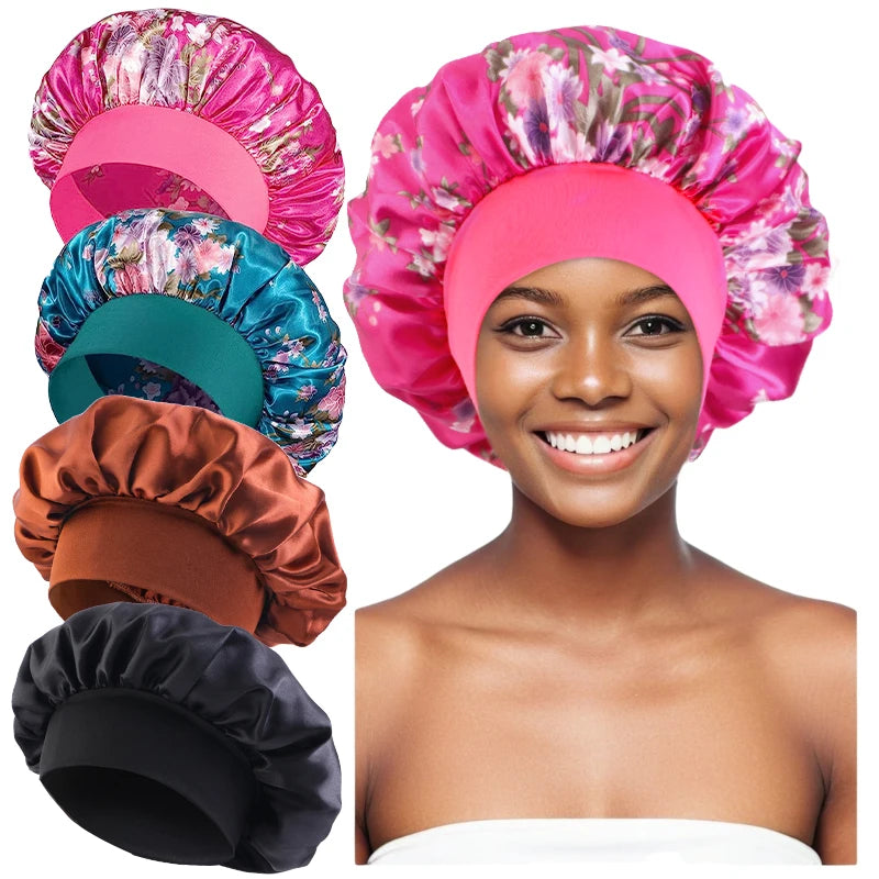 4PCS/LOT Satin Wide Brim Floral Nightcap Bonnet