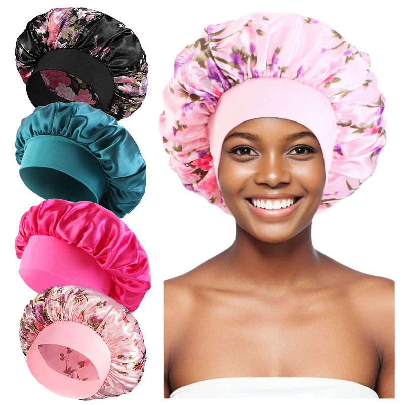 4PCS/LOT Satin Wide Brim Floral Nightcap Bonnet