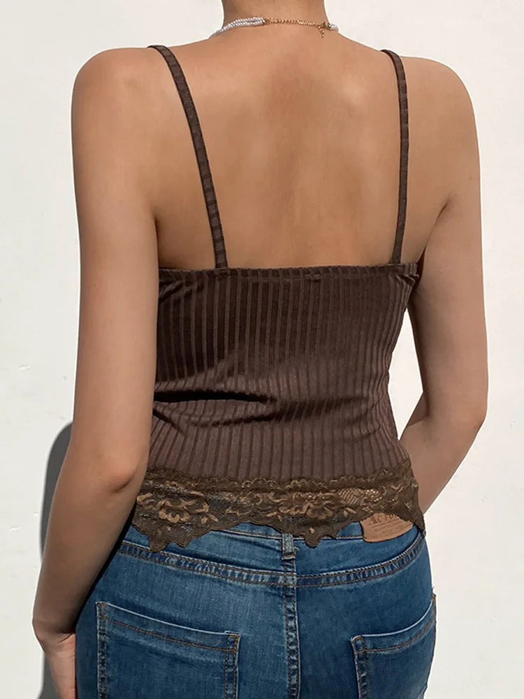 Gothic Ribbed Lace-Trim Bodycon Crop Cami Top