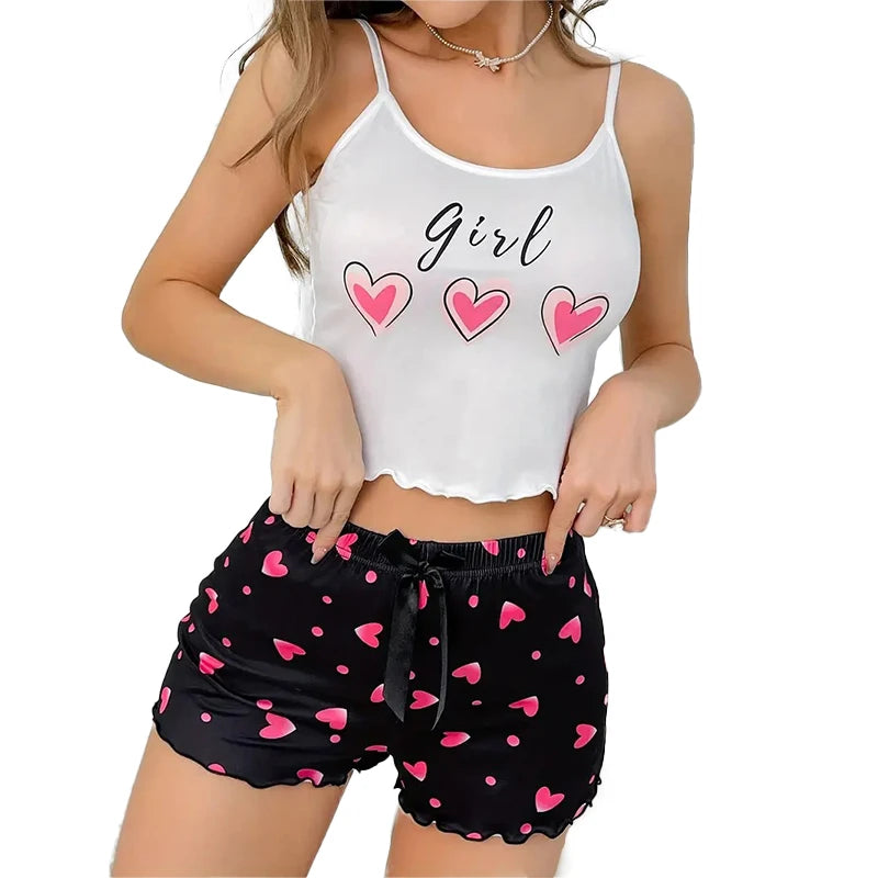 Women's Pink Heart Print Milk Pajama Two-Piece