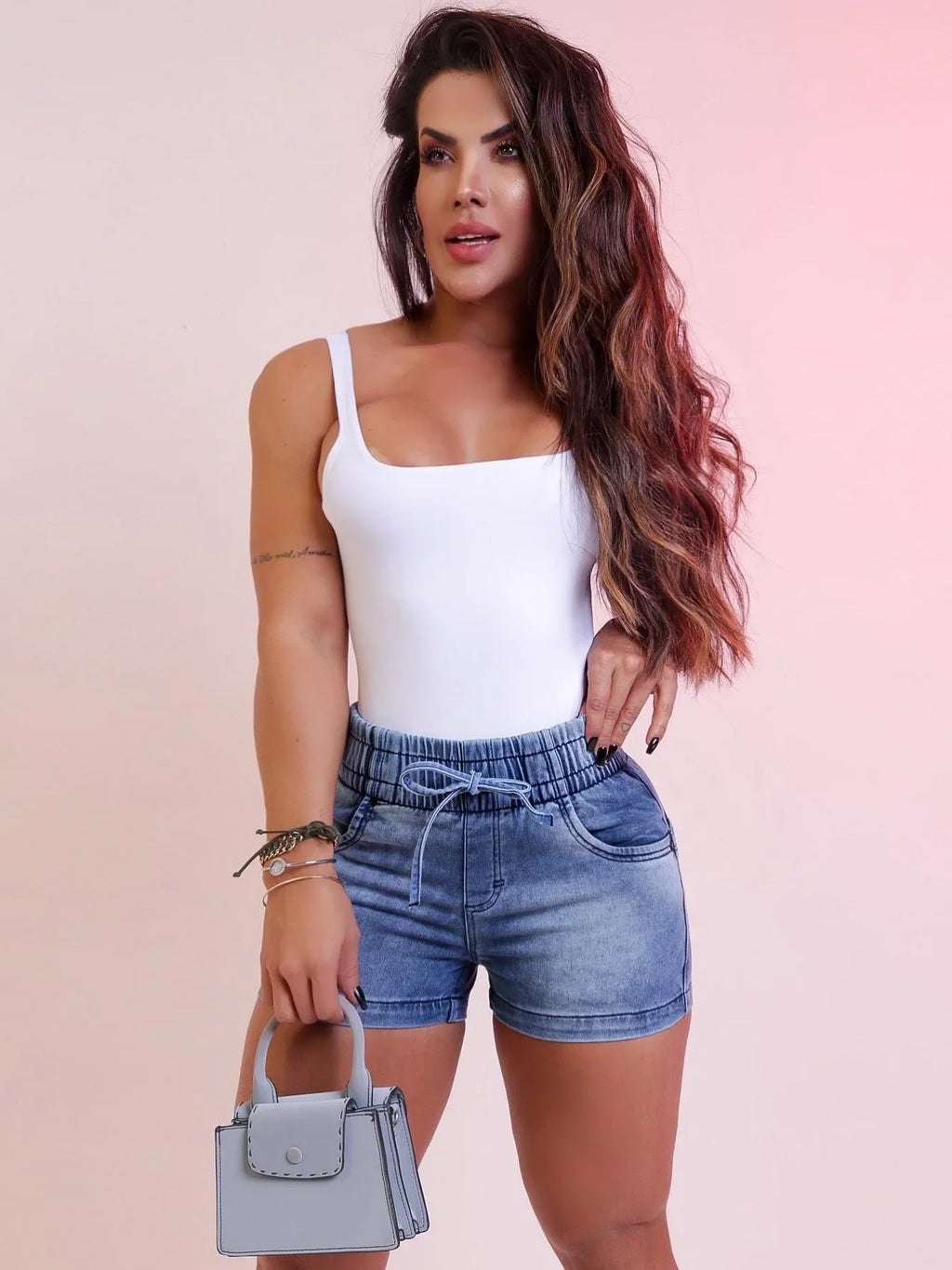 High-Waisted Elastic Denim Shorts For Women