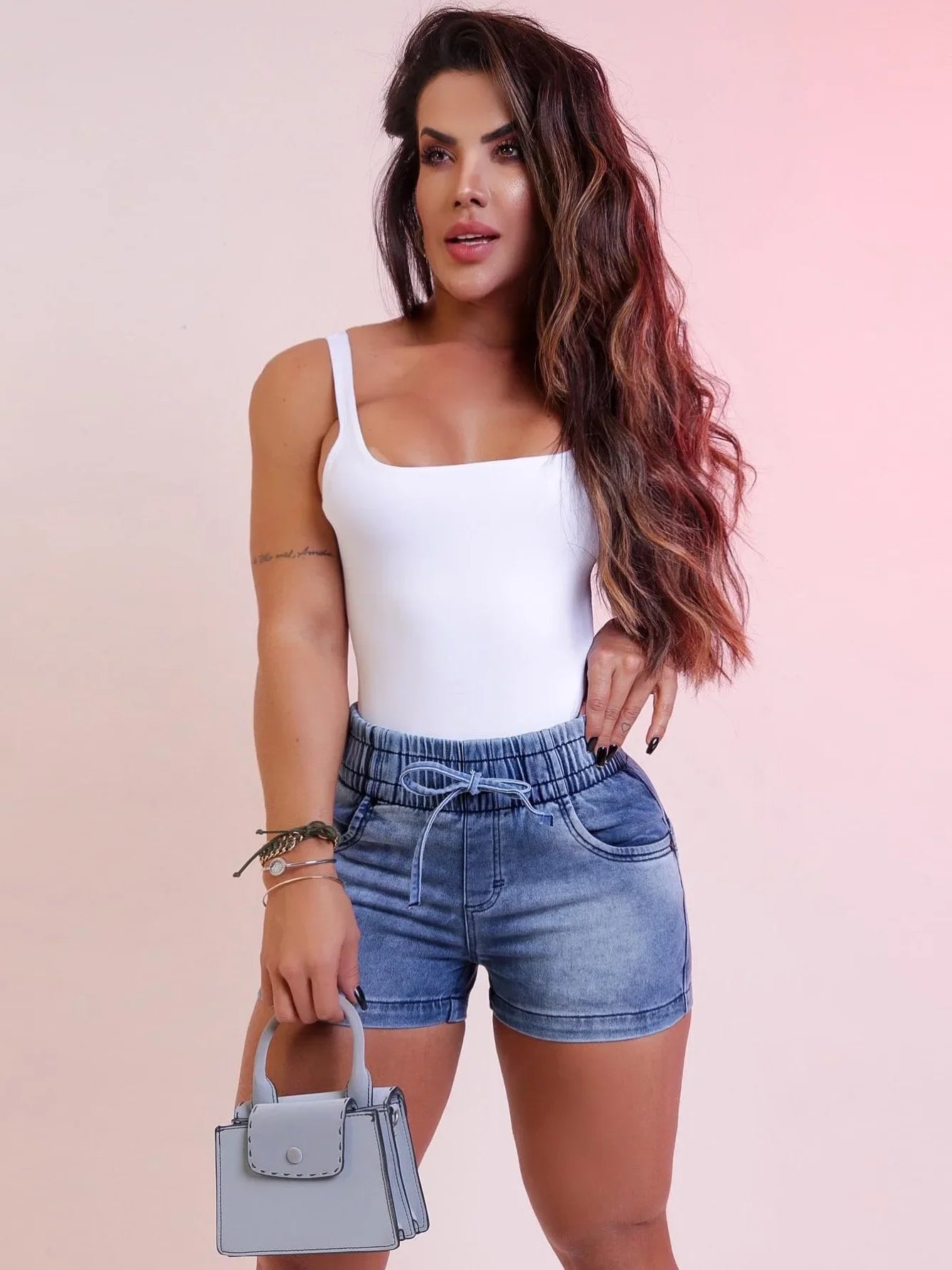 High-Waisted Elastic Denim Shorts For Women