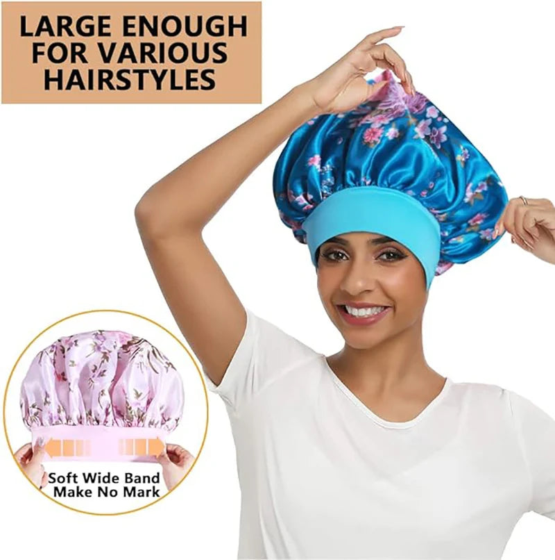 4PCS/LOT Satin Wide Brim Floral Nightcap Bonnet