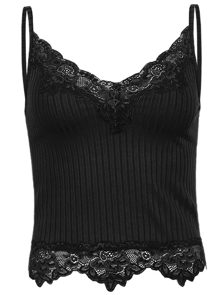 Gothic Ribbed Lace-Trim Bodycon Crop Cami Top