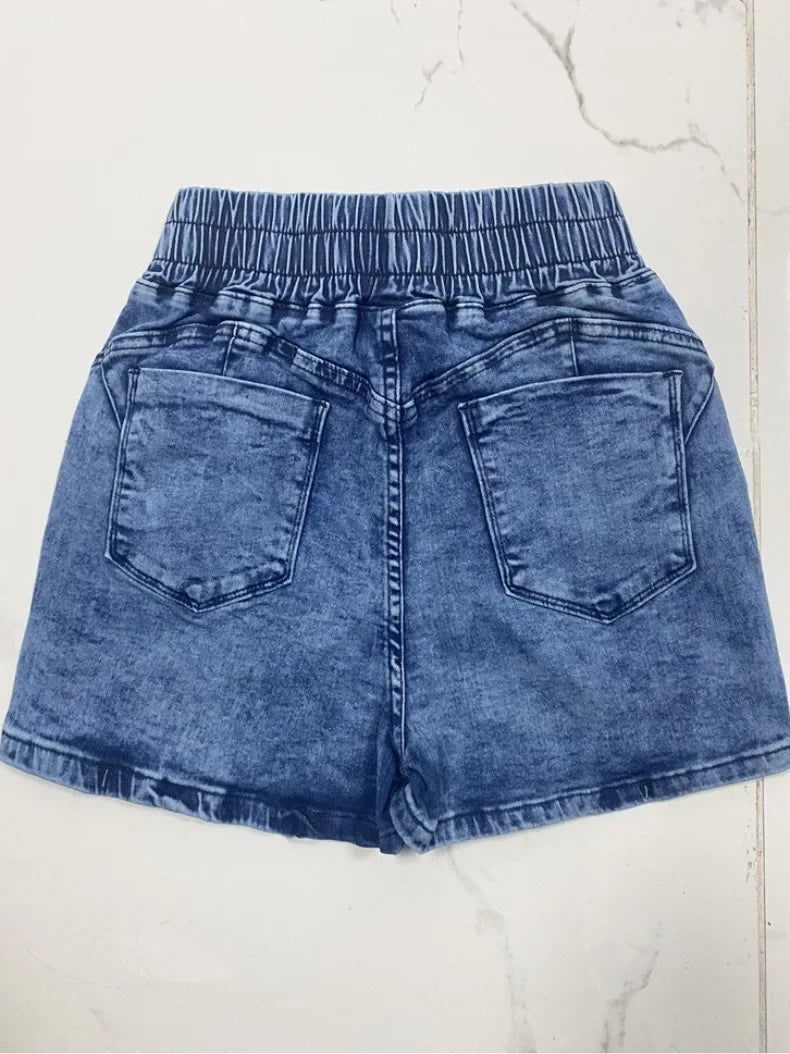 High-Waisted Elastic Denim Shorts For Women